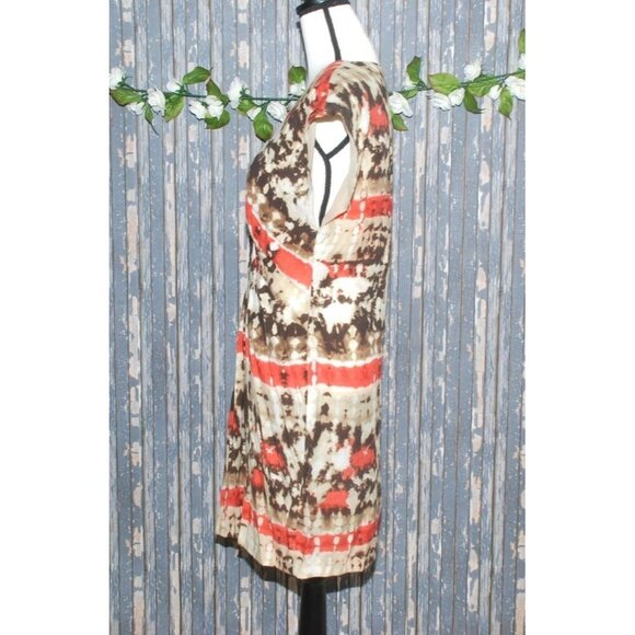 Vince Camuto Brown Orange Dress Size 6 Elastic Waist Pockets V-Neck Cap Sleeves - Picture 4 of 7